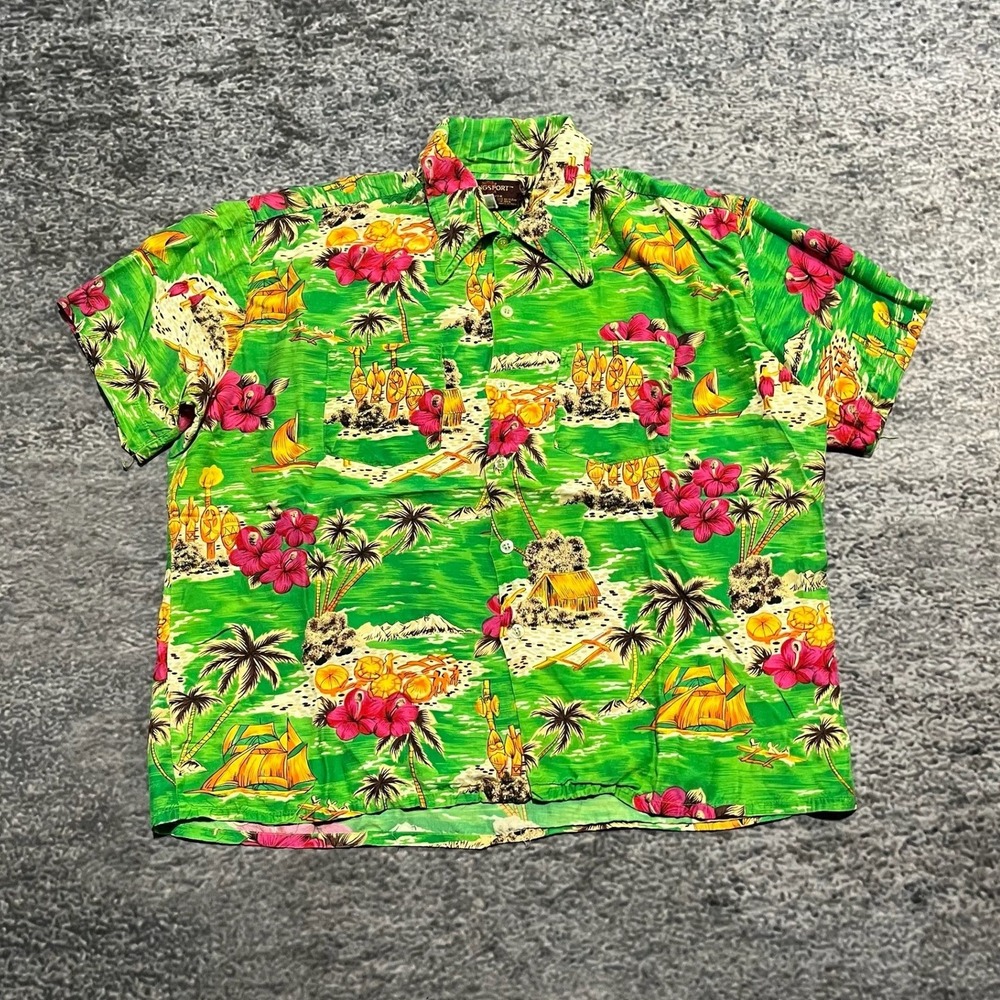 Vintage 60s 70s Kingsport Hawaiian Shirt‎ Size XL Green Rayon Floral Button Up